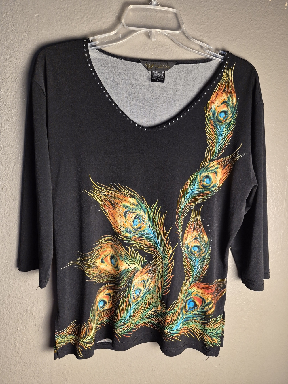 Valentina Black Women's V-Neck Top with Colorful Peacock Feather Print